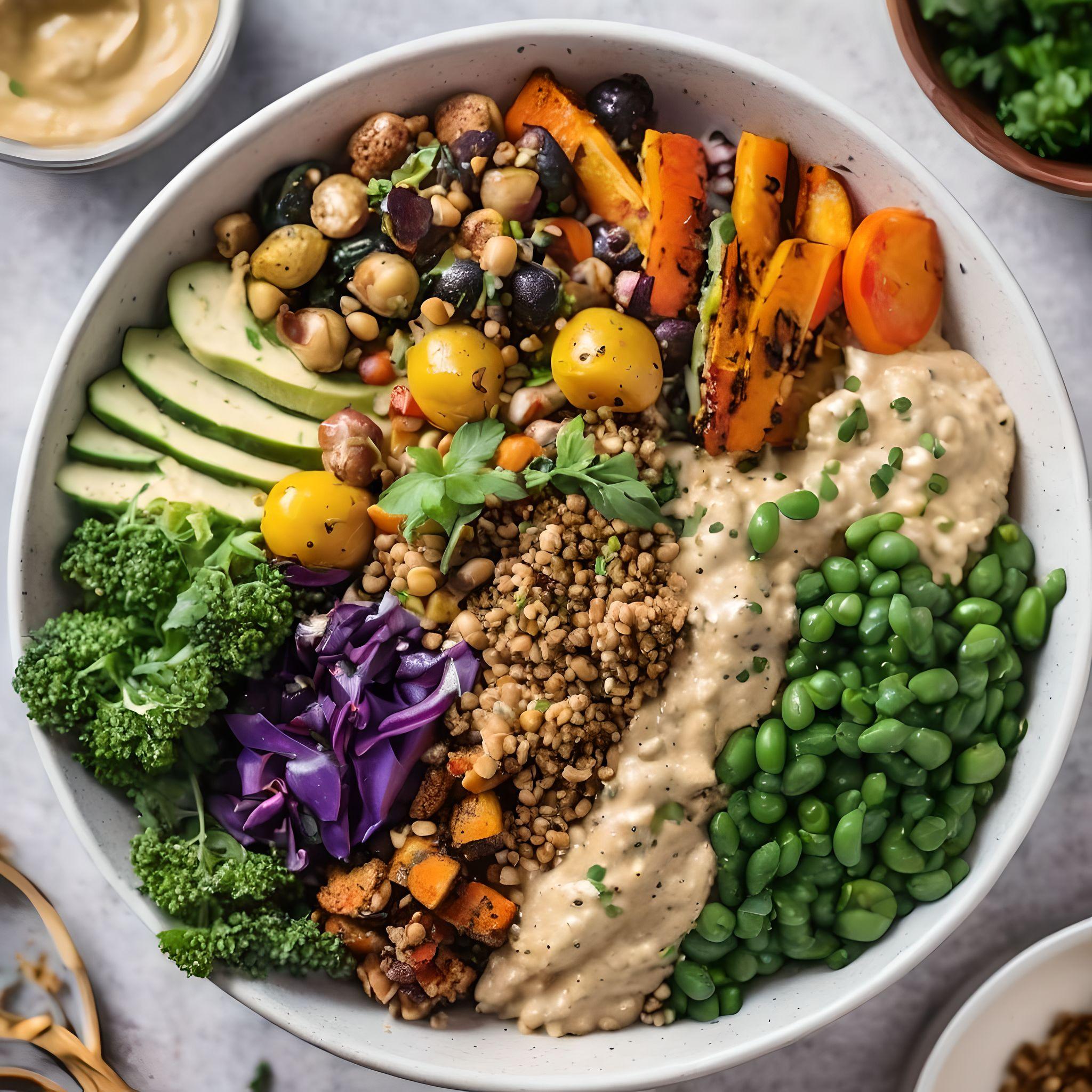 Vegan Buddha Bowl with Quinoa, Roasted Vegetables, and Tahini Dressing