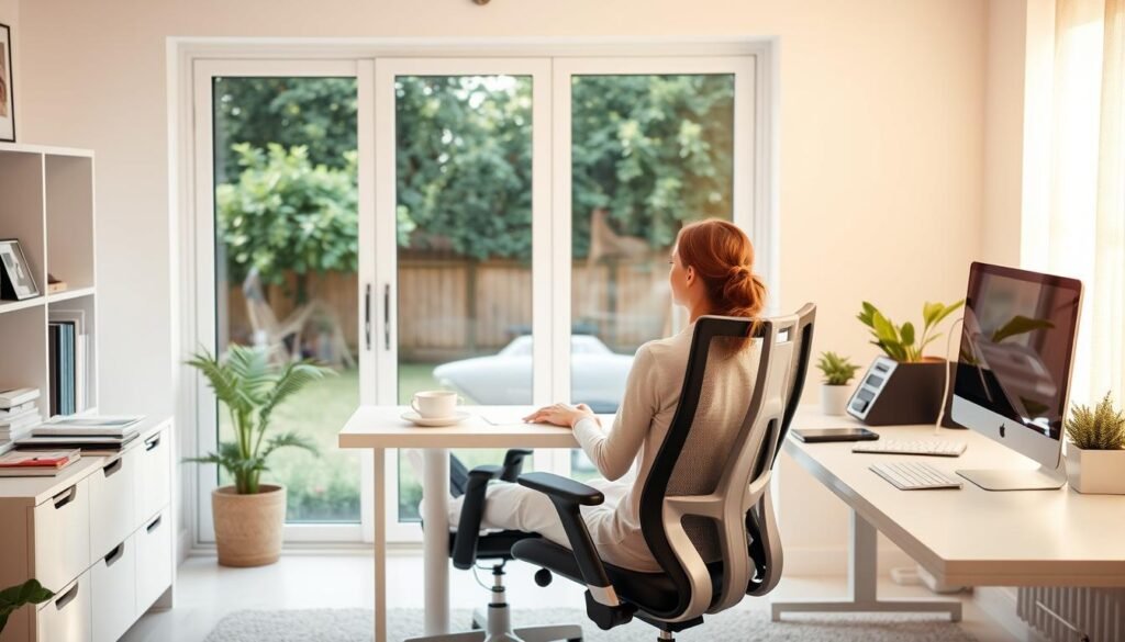 A bright, airy home office with a sleek, minimalist desk and comfortable ergonomic chair. A young, focused woman sitting at the desk, surrounded by neatly organized stationery and technology. A large window behind her, letting in natural light and offering a view of a lush, green backyard. The room has a warm, cozy atmosphere, with soft, indirect lighting creating a calming ambiance. Subtle hints of personal touches, like family photos or a potted plant, suggest a balanced work-life environment. The overall scene conveys a sense of productivity, organization, and a harmonious blend of professional and personal elements in the context of home-based work.