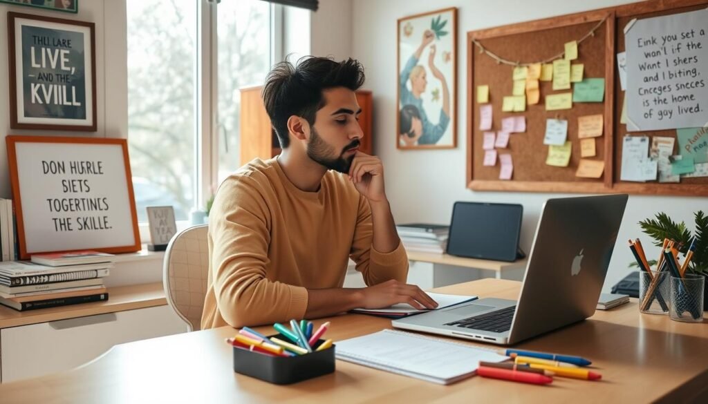 A cozy home office scene with natural lighting filtering through a window. On the desk, an open laptop, a notepad, and an assortment of colorful pens and markers. Nearby, a stack of books and a framed motivational quote. The walls display inspiring artwork and a corkboard with sticky notes, highlighting various skills and interests. A person, dressed in casual attire, sits at the desk, deep in thought, carefully assessing their abilities and considering potential side hustle opportunities. The atmosphere exudes a sense of focus, productivity, and the excitement of exploring new possibilities. A cozy home office scene with natural lighting filtering through a window. On the desk, an open laptop, a notepad, and an assortment of colorful pens and markers. Nearby, a stack of books and a framed motivational quote. The walls display inspiring artwork and a corkboard with sticky notes, highlighting various skills and interests. A person, dressed in casual attire, sits at the desk, deep in thought, carefully assessing their abilities and considering potential side hustle opportunities. The atmosphere exudes a sense of focus, productivity, and the excitement of exploring new possibilities.