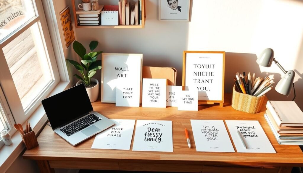 A cozy home office setup with a wooden desk, a laptop, a potted plant, and various stationery items. The scene is brightly lit by natural light streaming through a window, casting a warm, inviting glow. On the desk, a series of digital product mockups are displayed, showcasing different niche options for Etsy printables. The products range from minimalist wall art to whimsical greeting cards, each reflecting a distinct aesthetic and target audience. The overall atmosphere is one of creativity, productivity, and a sense of thoughtful curation, inviting the viewer to explore the possibilities of this digital product niche. A cozy home office setup with a wooden desk, a laptop, a potted plant, and various stationery items. The scene is brightly lit by natural light streaming through a window, casting a warm, inviting glow. On the desk, a series of digital product mockups are displayed, showcasing different niche options for Etsy printables. The products range from minimalist wall art to whimsical greeting cards, each reflecting a distinct aesthetic and target audience. The overall atmosphere is one of creativity, productivity, and a sense of thoughtful curation, inviting the viewer to explore the possibilities of this digital product niche.