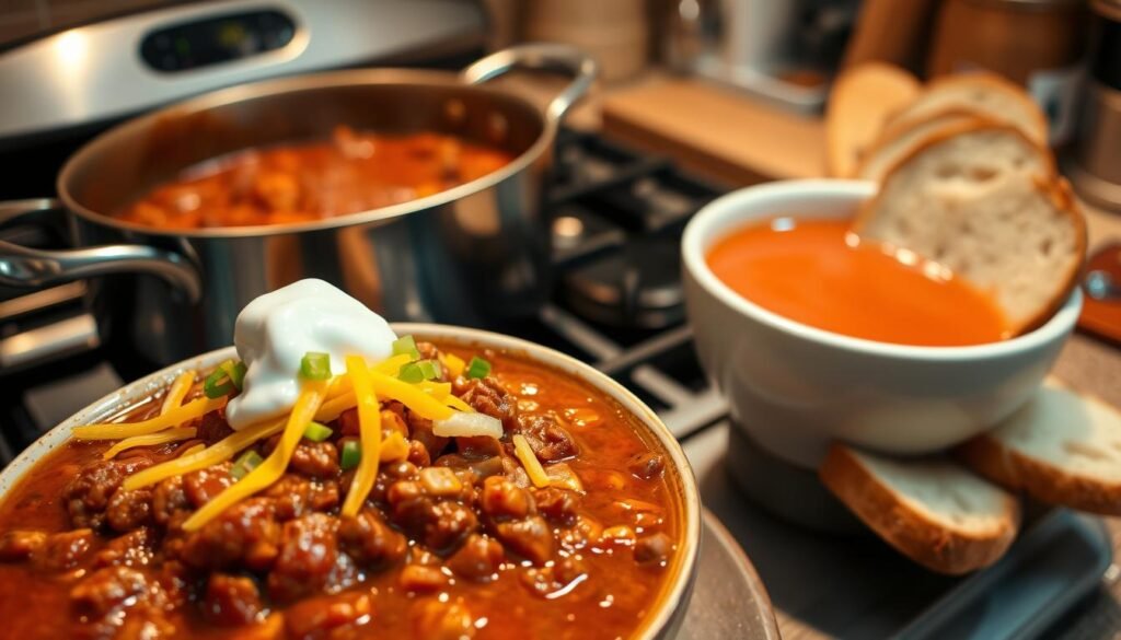 A cozy kitchen scene with a large pot of hearty beef chili simmering on the stove, its rich aroma filling the air. In the foreground, a bowl of the chili, garnished with shredded cheddar cheese, diced onions, and a dollop of sour cream. Beside it, a steaming bowl of creamy tomato soup, accompanied by a few crusty slices of fresh-baked bread. The lighting is warm and inviting, creating a comforting atmosphere. The camera angle is slightly elevated, capturing the scene from an eye-level perspective, emphasizing the homemade, comforting nature of the dishes. A cozy kitchen scene with a large pot of hearty beef chili simmering on the stove, its rich aroma filling the air. In the foreground, a bowl of the chili, garnished with shredded cheddar cheese, diced onions, and a dollop of sour cream. Beside it, a steaming bowl of creamy tomato soup, accompanied by a few crusty slices of fresh-baked bread. The lighting is warm and inviting, creating a comforting atmosphere. The camera angle is slightly elevated, capturing the scene from an eye-level perspective, emphasizing the homemade, comforting nature of the dishes.