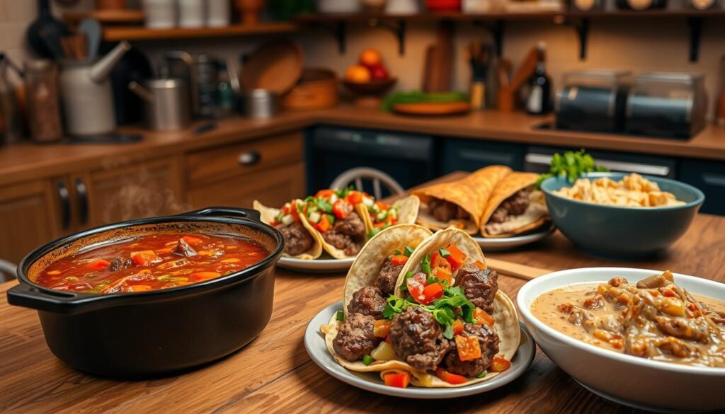 A cozy kitchen scene with a variety of budget-friendly beef dishes on a wooden table. In the foreground, a hearty beef stew simmers in a cast-iron pot, its rich aroma filling the air. Beside it, a plate of juicy beef tacos adorned with fresh toppings. In the middle ground, a platter of tender beef meatballs in a tangy sauce, alongside a bowl of creamy beef stroganoff. In the background, a well-stocked pantry and a warm, inviting atmosphere, with soft lighting and a rustic decor, creating a welcoming and homely ambiance. The scene conveys the idea of satisfying, cost-effective beef-based meals that can be enjoyed any day of the week. A cozy kitchen scene with a variety of budget-friendly beef dishes on a wooden table. In the foreground, a hearty beef stew simmers in a cast-iron pot, its rich aroma filling the air. Beside it, a plate of juicy beef tacos adorned with fresh toppings. In the middle ground, a platter of tender beef meatballs in a tangy sauce, alongside a bowl of creamy beef stroganoff. In the background, a well-stocked pantry and a warm, inviting atmosphere, with soft lighting and a rustic decor, creating a welcoming and homely ambiance. The scene conveys the idea of satisfying, cost-effective beef-based meals that can be enjoyed any day of the week.