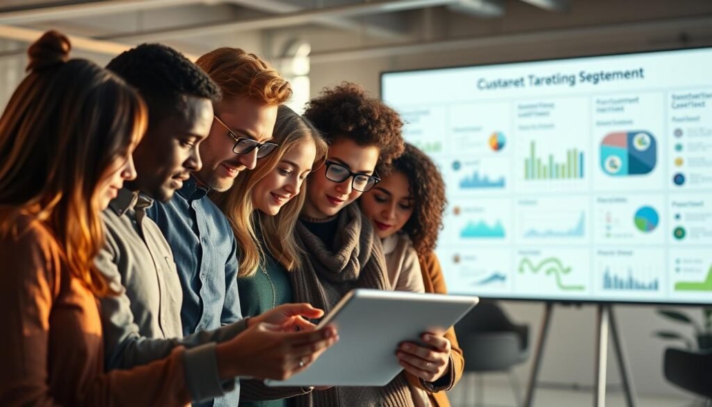A diverse group of people, each representing a unique customer persona, gathered around a digital device, their attention focused on analyzing data and insights. The scene is illuminated by a soft, natural light, creating a contemplative atmosphere. In the background, a sleek, minimalist office setting with a large, interactive display board showcases market trends and customer segmentation. The overall composition emphasizes the importance of understanding and targeting the right audience for digital products. A diverse group of people, each representing a unique customer persona, gathered around a digital device, their attention focused on analyzing data and insights. The scene is illuminated by a soft, natural light, creating a contemplative atmosphere. In the background, a sleek, minimalist office setting with a large, interactive display board showcases market trends and customer segmentation. The overall composition emphasizes the importance of understanding and targeting the right audience for digital products.