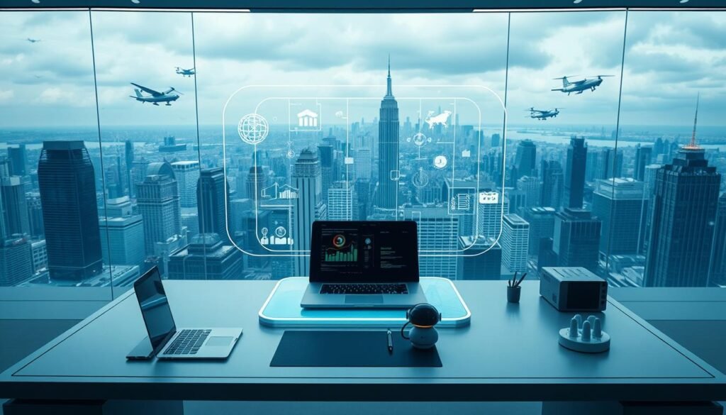 A futuristic, high-tech workspace with a central holographic display showcasing various AI-powered technologies. The foreground features a sleek, minimalist desk with a laptop, stylus, and a small robotic assistant. The middle ground depicts a mixed reality interface, with virtual 3D models and data visualizations floating in the air. The background is a panoramic view of a bustling city skyline, with skyscrapers and flying vehicles, all bathed in a cool, blue-tinted lighting. The overall atmosphere conveys a sense of innovation, productivity, and the seamless integration of emerging technologies into the modern work environment. A futuristic, high-tech workspace with a central holographic display showcasing various AI-powered technologies. The foreground features a sleek, minimalist desk with a laptop, stylus, and a small robotic assistant. The middle ground depicts a mixed reality interface, with virtual 3D models and data visualizations floating in the air. The background is a panoramic view of a bustling city skyline, with skyscrapers and flying vehicles, all bathed in a cool, blue-tinted lighting. The overall atmosphere conveys a sense of innovation, productivity, and the seamless integration of emerging technologies into the modern work environment.