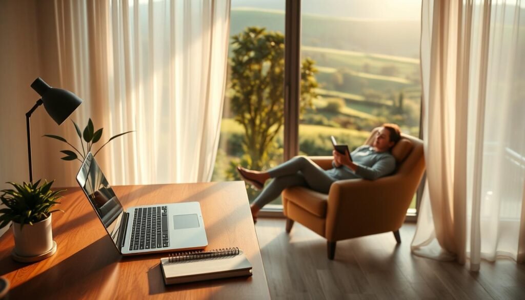A serene, cozy home office overlooking a lush, sun-dappled garden. A laptop, pen, and notebook sit neatly on a minimalist wooden desk, while a potted plant and stylish desk lamp provide a sense of natural tranquility. Warm, diffuse lighting filters through sheer curtains, casting a soft, ethereal glow. In the middle ground, a person relaxes in a comfortable armchair, deeply engrossed in a book or tablet, exemplifying the concept of "creative passive income" - the ability to generate revenue through intellectual property or automated systems while enjoying a peaceful, self-directed lifestyle. The background features a verdant landscape with rolling hills, creating a sense of openness and possibility. A serene, cozy home office overlooking a lush, sun-dappled garden. A laptop, pen, and notebook sit neatly on a minimalist wooden desk, while a potted plant and stylish desk lamp provide a sense of natural tranquility. Warm, diffuse lighting filters through sheer curtains, casting a soft, ethereal glow. In the middle ground, a person relaxes in a comfortable armchair, deeply engrossed in a book or tablet, exemplifying the concept of "creative passive income" - the ability to generate revenue through intellectual property or automated systems while enjoying a peaceful, self-directed lifestyle. The background features a verdant landscape with rolling hills, creating a sense of openness and possibility.