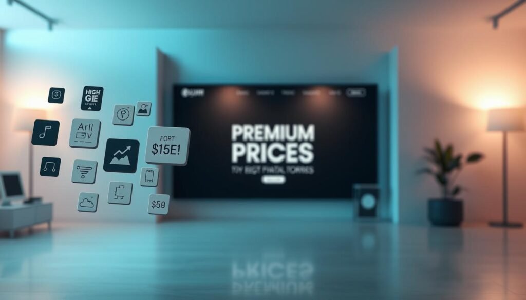 A sleek and modern digital product storefront showcasing a premium pricing strategy. In the foreground, a floating array of digital icons and product thumbnails, each with a distinct price tag highlighting the high-ticket value. The middle ground features a minimalist interface with clean typography, conveying a sense of exclusivity and attention to detail. The background is a soft, blurred gradient, creating a subtle, premium atmosphere. Dramatic directional lighting casts shadows and highlights the digital products, emphasizing their premium nature. The overall composition exudes a sense of sophistication, professionalism, and the perceived value of the digital offerings. A sleek and modern digital product storefront showcasing a premium pricing strategy. In the foreground, a floating array of digital icons and product thumbnails, each with a distinct price tag highlighting the high-ticket value. The middle ground features a minimalist interface with clean typography, conveying a sense of exclusivity and attention to detail. The background is a soft, blurred gradient, creating a subtle, premium atmosphere. Dramatic directional lighting casts shadows and highlights the digital products, emphasizing their premium nature. The overall composition exudes a sense of sophistication, professionalism, and the perceived value of the digital offerings.