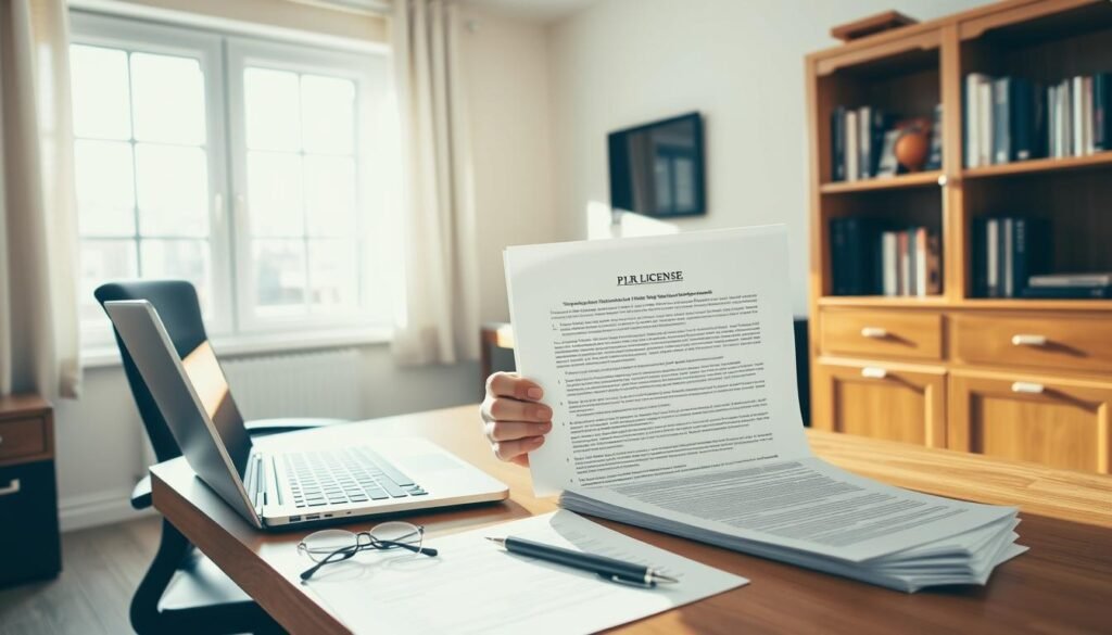 A spacious and well-lit home office, with a wooden desk and ergonomic chair. On the desk, a laptop is open, displaying a document with legal jargon. Beside it, a stack of papers, a pen, and a pair of reading glasses. Sunlight streams in through a large window, casting a warm glow over the scene. A bookshelf in the background holds reference materials on intellectual property and licensing. The atmosphere is one of focused contemplation, as the subject carefully reviews the terms and conditions of a PLR license, considering the legal rights and limitations.