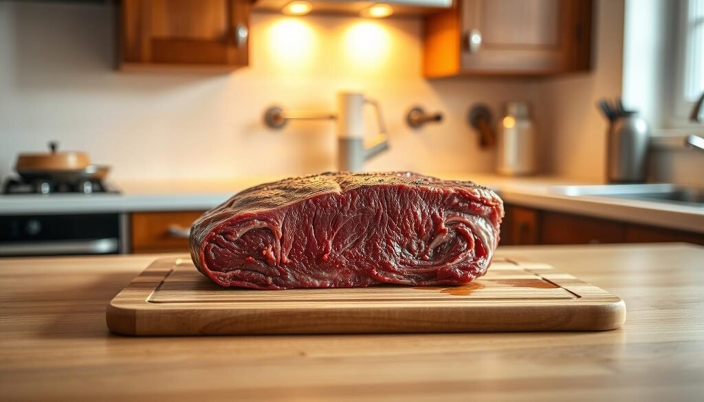 A spacious, well-lit kitchen counter with a wooden cutting board, gently illuminated by warm, diffused lighting. On the board, a thick, juicy steak in the process of thawing, its ruby-red hues gradually emerging as it tempers to room temperature. The air is crisp and still, creating an atmosphere of patient anticipation, the steak poised and ready for the next step in the culinary journey. Subtle shadows and highlights accentuate the steak's tender texture, inviting the viewer to imagine the succulent, flavorful result of this essential preparatory stage. A spacious, well-lit kitchen counter with a wooden cutting board, gently illuminated by warm, diffused lighting. On the board, a thick, juicy steak in the process of thawing, its ruby-red hues gradually emerging as it tempers to room temperature. The air is crisp and still, creating an atmosphere of patient anticipation, the steak poised and ready for the next step in the culinary journey. Subtle shadows and highlights accentuate the steak's tender texture, inviting the viewer to imagine the succulent, flavorful result of this essential preparatory stage.