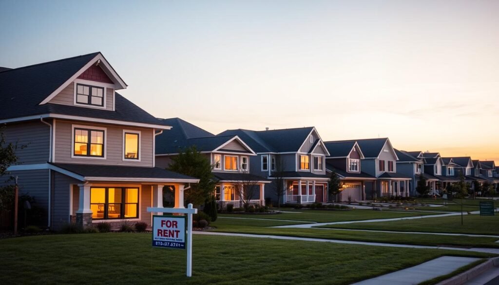 A tranquil suburban neighborhood at dusk, with well-manicured homes and lush greenery. In the foreground, a modern, two-story house with a for-rent sign displayed prominently on the lawn. The windows are warm and inviting, suggesting cozy interiors. In the middle ground, several similar houses, each with its own unique architectural style, creating a harmonious and appealing streetscape. The background features a clear sky with a soft, golden glow, casting a serene and inviting atmosphere. The overall scene conveys the potential for passive income through real estate investment in well-maintained rental properties. A tranquil suburban neighborhood at dusk, with well-manicured homes and lush greenery. In the foreground, a modern, two-story house with a for-rent sign displayed prominently on the lawn. The windows are warm and inviting, suggesting cozy interiors. In the middle ground, several similar houses, each with its own unique architectural style, creating a harmonious and appealing streetscape. The background features a clear sky with a soft, golden glow, casting a serene and inviting atmosphere. The overall scene conveys the potential for passive income through real estate investment in well-maintained rental properties.
