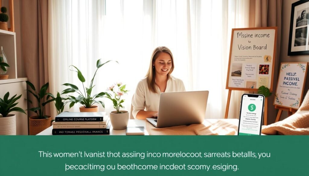 A tranquil, sun-dappled home office setting, with a woman working on a laptop surrounded by various passive income sources - an online course platform, a stack of books on personal finance, a smartphone displaying a budgeting app, and a vision board showcasing her financial goals. Soft, natural lighting filters through sheer curtains, creating a serene and inspirational atmosphere. The room is tastefully decorated with plants, artwork, and cozy textiles, conveying a sense of balance and productivity. The overall scene communicates the potential for women to build diverse, sustainable passive income streams from the comfort of their own homes. A tranquil, sun-dappled home office setting, with a woman working on a laptop surrounded by various passive income sources - an online course platform, a stack of books on personal finance, a smartphone displaying a budgeting app, and a vision board showcasing her financial goals. Soft, natural lighting filters through sheer curtains, creating a serene and inspirational atmosphere. The room is tastefully decorated with plants, artwork, and cozy textiles, conveying a sense of balance and productivity. The overall scene communicates the potential for women to build diverse, sustainable passive income streams from the comfort of their own homes.