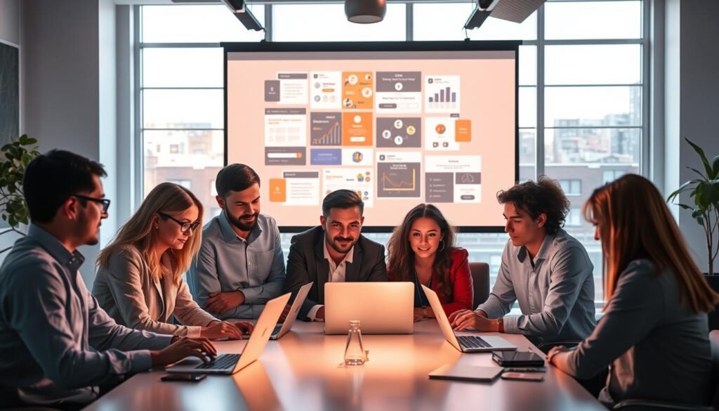 A vibrant and dynamic scene of effective marketing strategies for sales. In the foreground, a team of professionals gathered around a table, collaborating on a digital marketing campaign, their faces lit by the glow of laptop screens. In the middle ground, a large projection screen displays various digital marketing assets, from email templates to social media graphics. The background features a modern, minimalist office space, with sleek furniture and large windows that allow natural light to flood the room, creating a sense of openness and productivity. The overall mood is one of focused determination, with a touch of creativity and innovation, as the team works to maximize sales through strategic marketing efforts. A vibrant and dynamic scene of effective marketing strategies for sales. In the foreground, a team of professionals gathered around a table, collaborating on a digital marketing campaign, their faces lit by the glow of laptop screens. In the middle ground, a large projection screen displays various digital marketing assets, from email templates to social media graphics. The background features a modern, minimalist office space, with sleek furniture and large windows that allow natural light to flood the room, creating a sense of openness and productivity. The overall mood is one of focused determination, with a touch of creativity and innovation, as the team works to maximize sales through strategic marketing efforts.