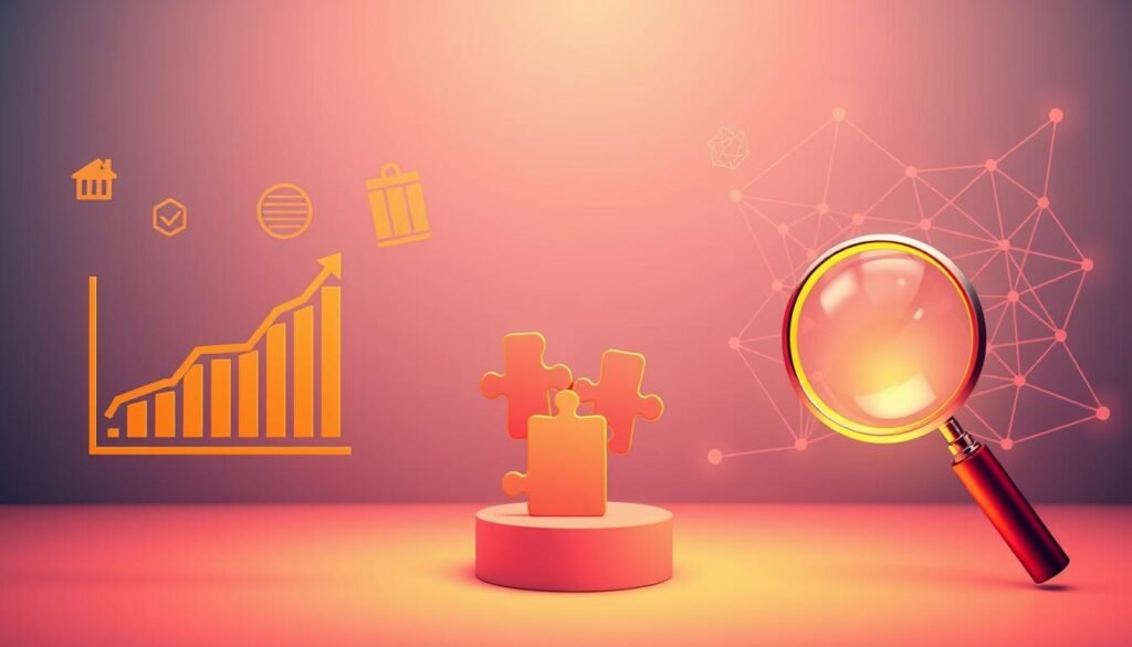 A vibrant array of digital marketing icons and symbols float against a sleek, minimalist backdrop. In the foreground, an elegant graph chart and a magnifying glass symbolize the data-driven nature of affiliate marketing strategies. The middle ground features interlocking puzzle pieces, representing the interconnected nature of different affiliate channels. In the background, a geometric pattern of interconnected lines and nodes evokes the web-like network of affiliate partnerships. The overall composition is bathed in a warm, golden glow, conveying a sense of efficiency, profitability, and growth potential.