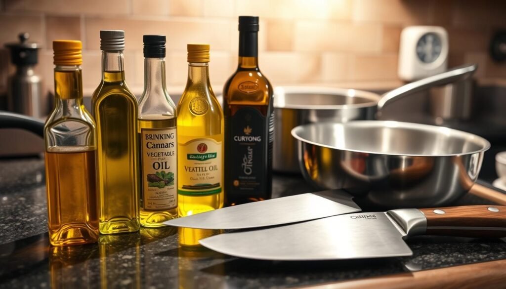 A well-lit countertop with a variety of cooking oils, including olive oil, vegetable oil, and clarified butter, arranged neatly alongside a cast-iron skillet, a heavy-duty stainless steel pan, and a high-quality chef's knife. The lighting creates a warm, inviting atmosphere, highlighting the rich colors and textures of the cooking tools and oils. The scene conveys a sense of culinary expertise and the importance of selecting the right equipment and ingredients for achieving the perfect steak. A well-lit countertop with a variety of cooking oils, including olive oil, vegetable oil, and clarified butter, arranged neatly alongside a cast-iron skillet, a heavy-duty stainless steel pan, and a high-quality chef's knife. The lighting creates a warm, inviting atmosphere, highlighting the rich colors and textures of the cooking tools and oils. The scene conveys a sense of culinary expertise and the importance of selecting the right equipment and ingredients for achieving the perfect steak.