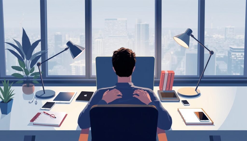 A well-lit, high-resolution digital illustration of a person sitting at a desk, typing on a laptop, surrounded by a digital workspace. The foreground features a modern, minimalist desk setup with a sleek laptop, a stylish desk lamp, and a plant. The middle ground showcases various digital tools and resources, such as a tablet, a smartphone, and a notebook, all neatly organized. The background depicts a serene, distraction-free environment with a large window overlooking a cityscape, creating a sense of focus and productivity. The overall mood is one of efficiency, creativity, and a professional, digital side hustle mindset.