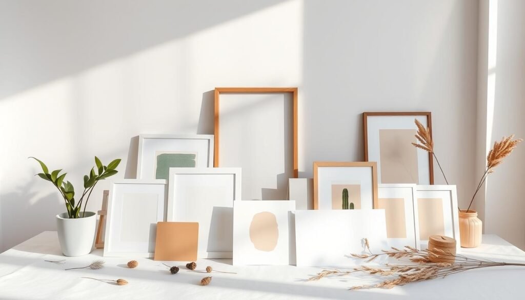 A well-lit, staged product photography scene depicting a variety of Etsy printable products. The foreground features a neatly arranged collection of digital art prints, greeting cards, and wall decor, all showcased on a clean, minimalist white backdrop. The middle ground includes stylized accessories like a potted plant, a simple wooden frame, and scattered dried botanicals to create a cohesive, visually appealing composition. The background gently blurs, keeping the focus on the carefully curated product display. Warm, natural lighting from the side casts soft shadows, highlighting the quality and attention to detail of the printable items. The overall mood is one of elegance, simplicity, and professionalism, reflecting the aesthetic of an effective Etsy product listing. A well-lit, staged product photography scene depicting a variety of Etsy printable products. The foreground features a neatly arranged collection of digital art prints, greeting cards, and wall decor, all showcased on a clean, minimalist white backdrop. The middle ground includes stylized accessories like a potted plant, a simple wooden frame, and scattered dried botanicals to create a cohesive, visually appealing composition. The background gently blurs, keeping the focus on the carefully curated product display. Warm, natural lighting from the side casts soft shadows, highlighting the quality and attention to detail of the printable items. The overall mood is one of elegance, simplicity, and professionalism, reflecting the aesthetic of an effective Etsy product listing.