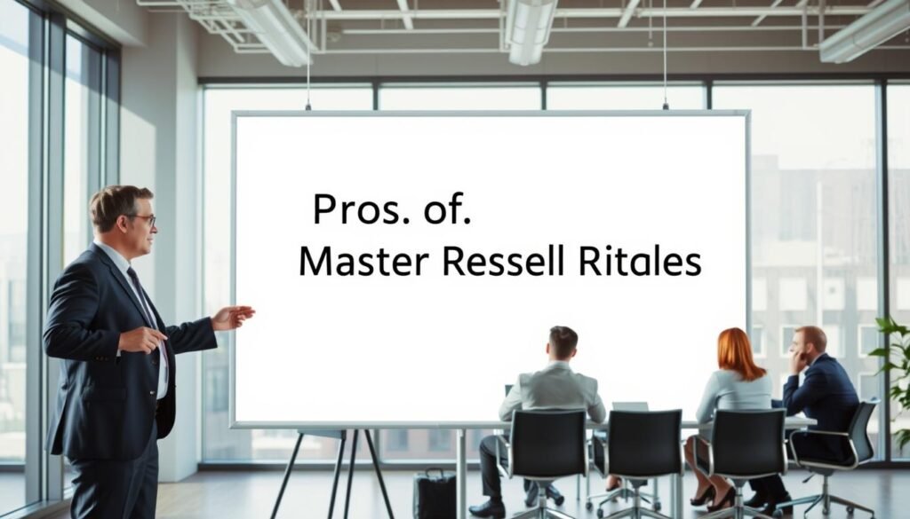 An office setting with a large whiteboard displaying the "Pros of Master Resell Rights" in bold text. In the foreground, a businessman in a suit stands, gesturing towards the whiteboard. The middle ground features several colleagues seated around a conference table, engaged in a discussion. The background depicts a modern, well-lit office environment with large windows, allowing natural light to stream in. The overall atmosphere is professional, focused, and collaborative, conveying the benefits and potential of the master resell rights business model. An office setting with a large whiteboard displaying the "Pros of Master Resell Rights" in bold text. In the foreground, a businessman in a suit stands, gesturing towards the whiteboard. The middle ground features several colleagues seated around a conference table, engaged in a discussion. The background depicts a modern, well-lit office environment with large windows, allowing natural light to stream in. The overall atmosphere is professional, focused, and collaborative, conveying the benefits and potential of the master resell rights business model.