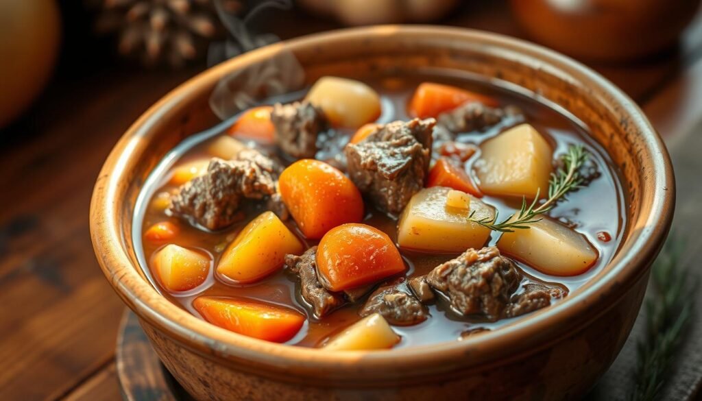 Delectable classic beef stew, simmered to perfection with tender chunks of beef, carrots, potatoes, and onions in a rich, savory broth. Illuminated by warm, natural lighting, the stew is presented in a rustic, earthenware bowl, resting on a wooden table. Hints of herbs and spices waft through the air, creating a cozy, inviting atmosphere. The scene evokes the comforting, homemade feel of a hearty, nourishing dish, perfect for a cold day. A timeless, comfort food classic. Delectable classic beef stew, simmered to perfection with tender chunks of beef, carrots, potatoes, and onions in a rich, savory broth. Illuminated by warm, natural lighting, the stew is presented in a rustic, earthenware bowl, resting on a wooden table. Hints of herbs and spices waft through the air, creating a cozy, inviting atmosphere. The scene evokes the comforting, homemade feel of a hearty, nourishing dish, perfect for a cold day. A timeless, comfort food classic.