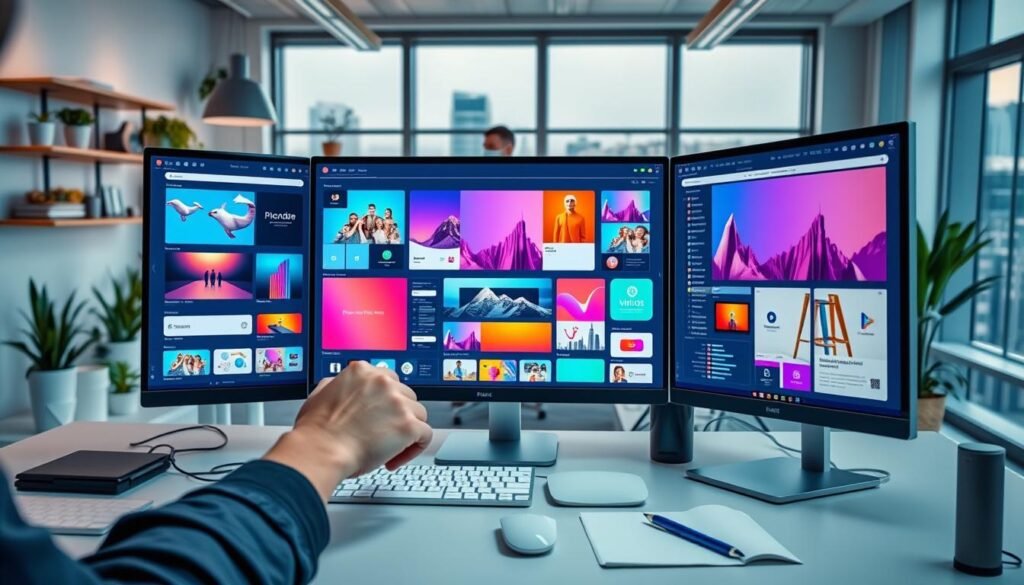 Detailed digital workspace with a creative professional customizing content on multiple screens. Vibrant colors, soft lighting, and a sleek, modern aesthetic. Foreground shows hands manipulating design elements, middle ground has various digital assets and tools, background depicts a minimalist office setting with plants, shelves, and a large window overlooking a cityscape. Composition emphasizes the process of content creation and personalization, conveying a sense of focus, productivity, and artistic expression. Detailed digital workspace with a creative professional customizing content on multiple screens. Vibrant colors, soft lighting, and a sleek, modern aesthetic. Foreground shows hands manipulating design elements, middle ground has various digital assets and tools, background depicts a minimalist office setting with plants, shelves, and a large window overlooking a cityscape. Composition emphasizes the process of content creation and personalization, conveying a sense of focus, productivity, and artistic expression.