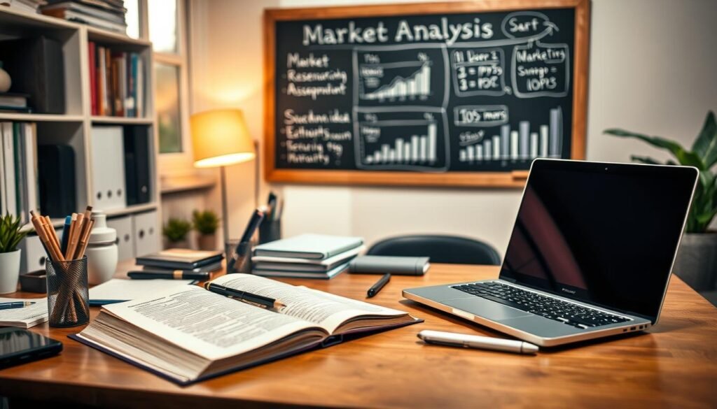 Prompt A well-lit home office scene with a laptop, open book, and various office supplies on a wooden desk. In the background, a chalkboard displays market analysis data and charts. The overall atmosphere is one of focused productivity and diligent assessment, with warm lighting and a sense of thoughtful contemplation. The scene conveys the process of evaluating the potential of an eBook idea, with the chalkboard providing visual cues to the market research and analysis being conducted.