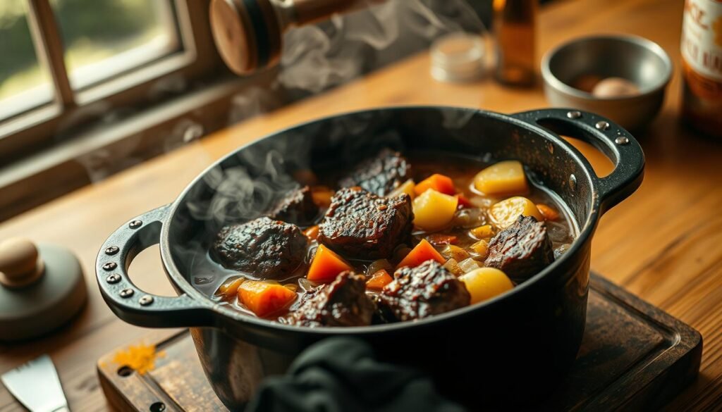 Simmering beef stew in a rustic cast iron pot, steam gently rising, seared chunks of tender meat resting in a rich, aromatic broth. Diced carrots, potatoes, and onions add vibrant color and texture to the scene. Warm, soft light filters through a window, casting a cozy glow over the cooking process. The composition is framed with a wooden table and a few simple kitchen tools, hinting at the care and craft involved in transforming a simple steak into a hearty, homemade stew. An inviting scene that captures the essence of the "From Steak to Stew" cooking journey. Simmering beef stew in a rustic cast iron pot, steam gently rising, seared chunks of tender meat resting in a rich, aromatic broth. Diced carrots, potatoes, and onions add vibrant color and texture to the scene. Warm, soft light filters through a window, casting a cozy glow over the cooking process. The composition is framed with a wooden table and a few simple kitchen tools, hinting at the care and craft involved in transforming a simple steak into a hearty, homemade stew. An inviting scene that captures the essence of the "From Steak to Stew" cooking journey.