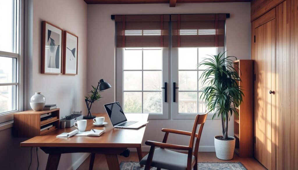 a cozy and well-organized home workspace with a wooden desk, a comfortable chair, and a large window providing natural light. On the desk, there is a laptop, a cup of coffee, and a few office supplies neatly arranged. The walls are adorned with minimalist artwork, and a potted plant adds a touch of greenery to the space. The overall atmosphere is warm and inviting, creating a productive and inspiring environment for working from home. a cozy and well-organized home workspace with a wooden desk, a comfortable chair, and a large window providing natural light. On the desk, there is a laptop, a cup of coffee, and a few office supplies neatly arranged. The walls are adorned with minimalist artwork, and a potted plant adds a touch of greenery to the space. The overall atmosphere is warm and inviting, creating a productive and inspiring environment for working from home.