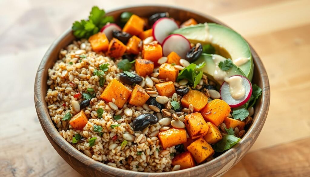 A bountiful array of fresh, vibrant grains and vegetables arranged in a rustic, earthy bowl. The foreground features a medley of quinoa, farro, and wild rice, seasoned with fragrant herbs, roasted vegetables, and a drizzle of creamy tahini dressing. Interspersed throughout are bursts of color from diced avocado, roasted sweet potatoes, and crisp, lightly charred Brussels sprouts. The middle ground showcases a mix of tender greens, sliced radishes, and toasted seeds, creating a visually appealing and nutritionally balanced composition. The background is a warm, natural wood surface, illuminated by soft, diffused natural lighting that casts a gentle, appetizing glow over the entire scene.