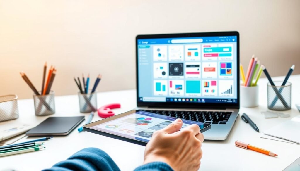 A bright and vibrant digital workspace, showcasing a laptop screen displaying an array of customizable Canva templates. In the foreground, a designer's hand hovers over a tablet, skillfully manipulating design elements. The middle ground features a neatly organized workspace with various stationery items, creating a sense of productivity. The background is a soft, gradient-filled environment, adding depth and visual interest. The lighting is natural and diffused, casting a warm glow across the scene. The overall atmosphere conveys a sense of creative inspiration and the seamless integration of digital and physical design tools.