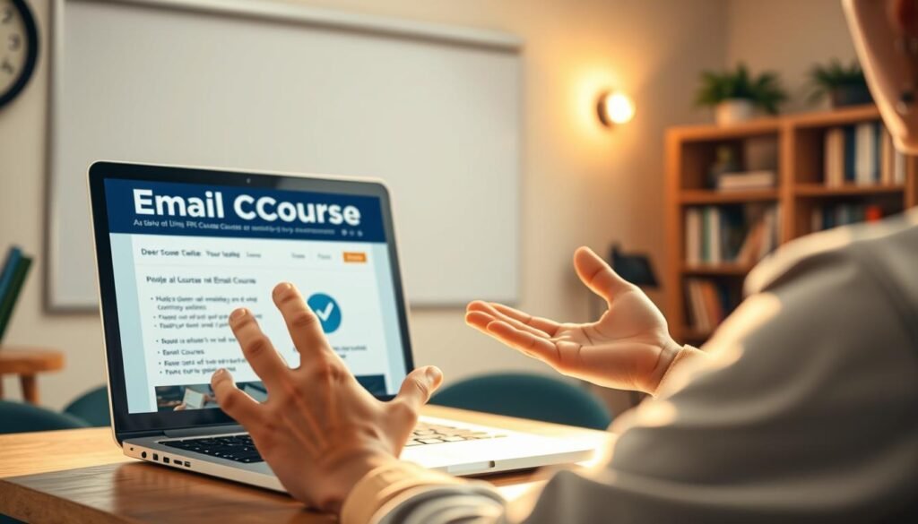 A classroom setting with an instructor presenting a laptop screen showcasing an email course creation process. Soft, natural lighting illuminates the scene, creating a warm and inviting atmosphere. The instructor's hands are gesturing towards the laptop, guiding the viewer's attention to the content on the screen. In the background, a bookshelf and other educational props suggest a professional, yet cozy learning environment. The overall mood is one of productivity, education, and the potential for creating valuable online courses using PLR content.