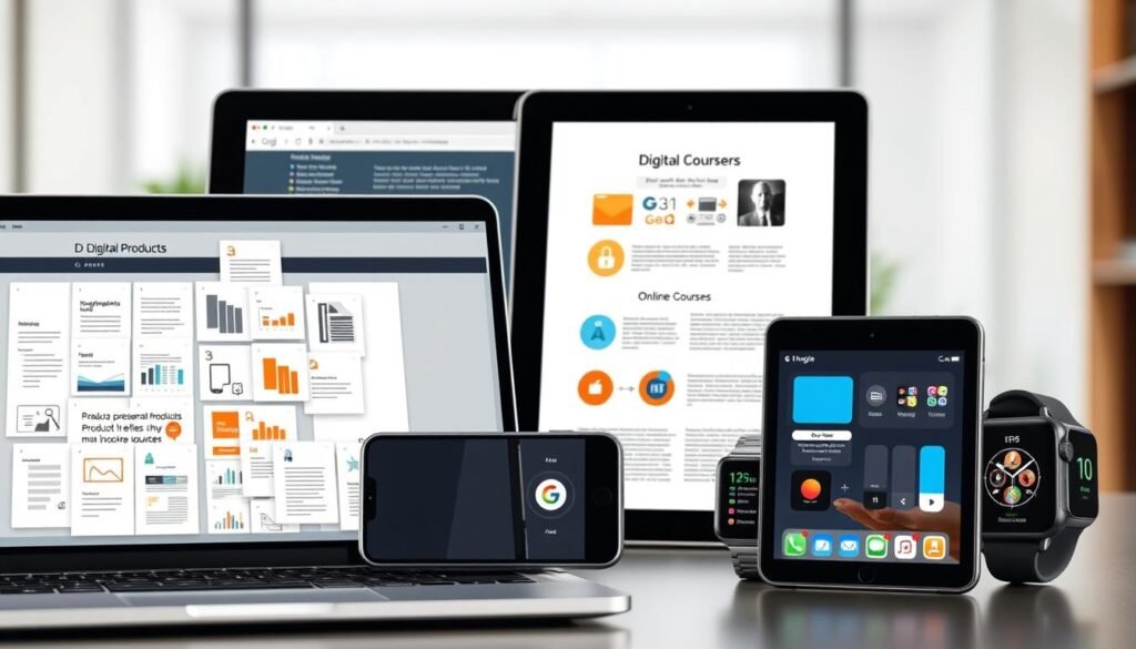 A collection of digital product formats displayed in a modern, minimalist arrangement. In the foreground, a sleek laptop and smartphone showcasing various file types - documents, spreadsheets, presentations, and multimedia files. In the middle ground, a tablet and smartwatch displaying e-books, online courses, and mobile apps. The background features a clean, light-filled workspace with subtle perspective, emphasizing the versatility and accessibility of these digital offerings. The overall mood is professional, tech-savvy, and visually appealing, reflecting the sophisticated nature of the digital product business.