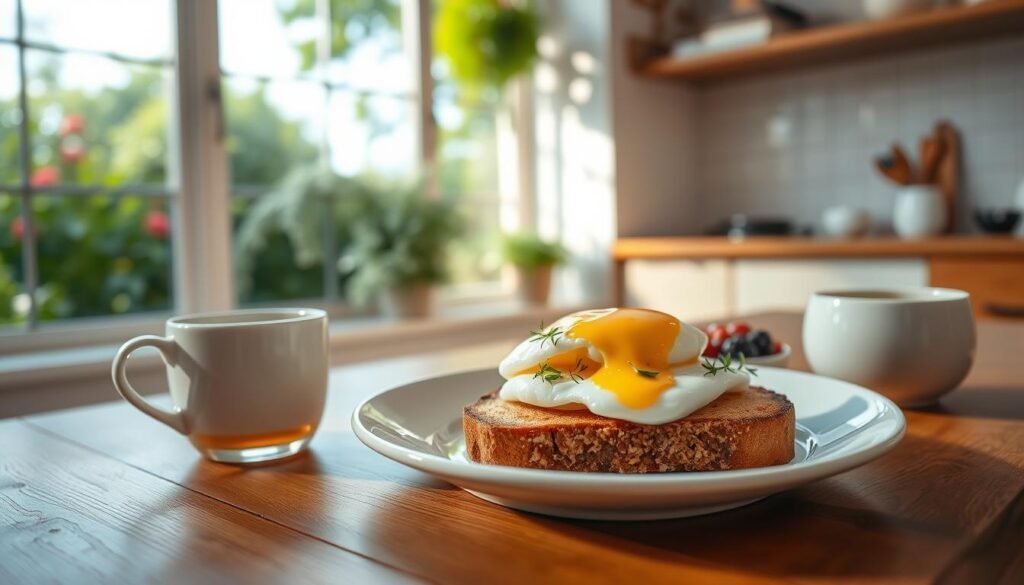 A cozy and tranquil kitchen scene, bathed in soft morning light. In the foreground, a wooden table set with a white ceramic plate, holding a perfectly poached egg atop a slice of whole-grain toast, garnished with fresh herbs. Alongside, a steaming cup of fragrant herbal tea and a small bowl of seasonal berries. In the middle ground, a large window overlooking a lush, verdant garden, inviting mindful contemplation. The overall atmosphere is one of calm, present-moment awareness and intention, inspiring a positive start to the day. A cozy and tranquil kitchen scene, bathed in soft morning light. In the foreground, a wooden table set with a white ceramic plate, holding a perfectly poached egg atop a slice of whole-grain toast, garnished with fresh herbs. Alongside, a steaming cup of fragrant herbal tea and a small bowl of seasonal berries. In the middle ground, a large window overlooking a lush, verdant garden, inviting mindful contemplation. The overall atmosphere is one of calm, present-moment awareness and intention, inspiring a positive start to the day.