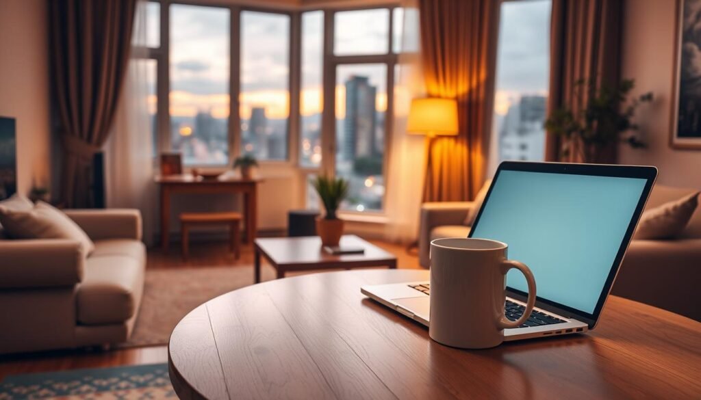 A cozy apartment interior with warm lighting, showcasing a well-organized living room with a comfortable couch, a coffee table, and a large window overlooking a picturesque cityscape. In the foreground, a laptop and a mug of coffee sit on the table, symbolizing the concept of passive income. The overall atmosphere is relaxed and inviting, creating a sense of financial stability and independence.