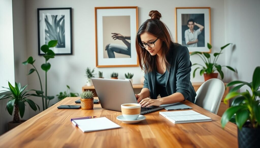 A cozy home office scene with a content creator crafting social media posts. A large wooden desk in the foreground holds a laptop, stylish stationery, and a cup of coffee. Vibrant houseplants and framed art decorate the minimalist backdrop. Soft, indirect lighting creates a warm, inviting atmosphere. The creator, dressed in casual chic attire, leans over the laptop, deep in focused thought as they compose engaging social media captions, graphics, and videos. An air of creativity and productivity permeates the space. A cozy home office scene with a content creator crafting social media posts. A large wooden desk in the foreground holds a laptop, stylish stationery, and a cup of coffee. Vibrant houseplants and framed art decorate the minimalist backdrop. Soft, indirect lighting creates a warm, inviting atmosphere. The creator, dressed in casual chic attire, leans over the laptop, deep in focused thought as they compose engaging social media captions, graphics, and videos. An air of creativity and productivity permeates the space.