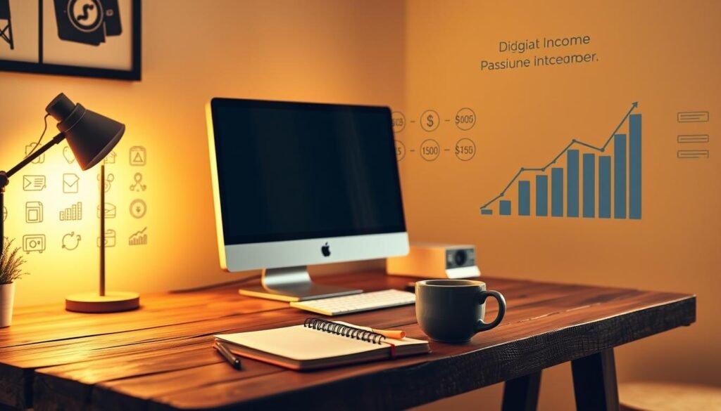 A cozy home office setting with a desktop computer, a notebook, and a cup of coffee on a rustic wooden desk. Soft, warm lighting illuminates the scene, creating a serene and productive atmosphere. In the background, rows of digital product icons and passive income graphs suggest the potential for financial freedom through digital entrepreneurship. The overall composition conveys a sense of focus, organization, and the opportunity to build a sustainable online business.