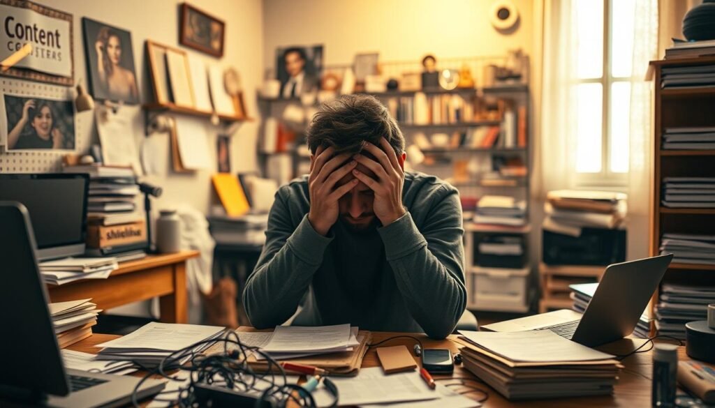 A cozy home office with a small desk, laptop, and stack of papers, illuminated by warm, natural light from a nearby window. In the foreground, a frustrated small business owner holds their head in their hands, surrounded by scattered notes and a tangle of wires. In the background, a wall display showcases the owner's products, but the items appear cluttered and disorganized. The overall scene conveys the challenges of content creation, with the owner feeling overwhelmed by the demands of running a small business. A cozy home office with a small desk, laptop, and stack of papers, illuminated by warm, natural light from a nearby window. In the foreground, a frustrated small business owner holds their head in their hands, surrounded by scattered notes and a tangle of wires. In the background, a wall display showcases the owner's products, but the items appear cluttered and disorganized. The overall scene conveys the challenges of content creation, with the owner feeling overwhelmed by the demands of running a small business.