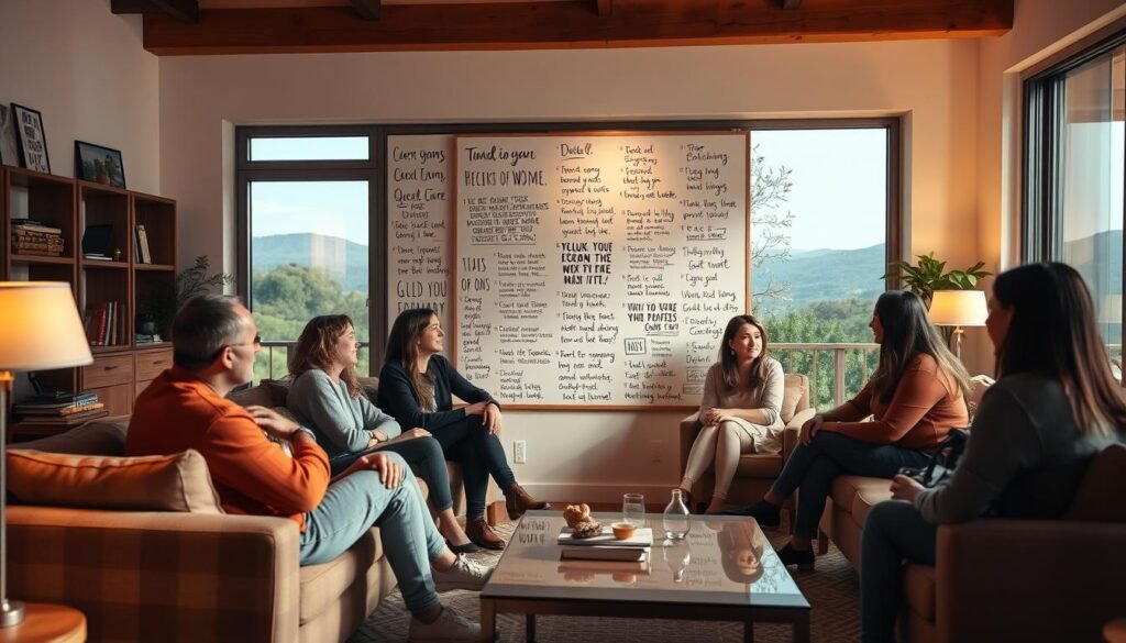A cozy living room with comfortable furniture and warm lighting. In the foreground, a group of friends or family members are gathered, sharing a moment of connection and support. They are engaged in a lively discussion, offering encouragement and advice to one another. In the middle ground, a large whiteboard or cork board displays a collection of inspirational quotes, goals, and action plans, reflecting the group's dedication to personal growth and achievement. The background features a serene, natural landscape visible through a large window, creating a sense of balance and tranquility. The overall atmosphere is one of camaraderie, positivity, and a shared commitment to helping each other succeed.