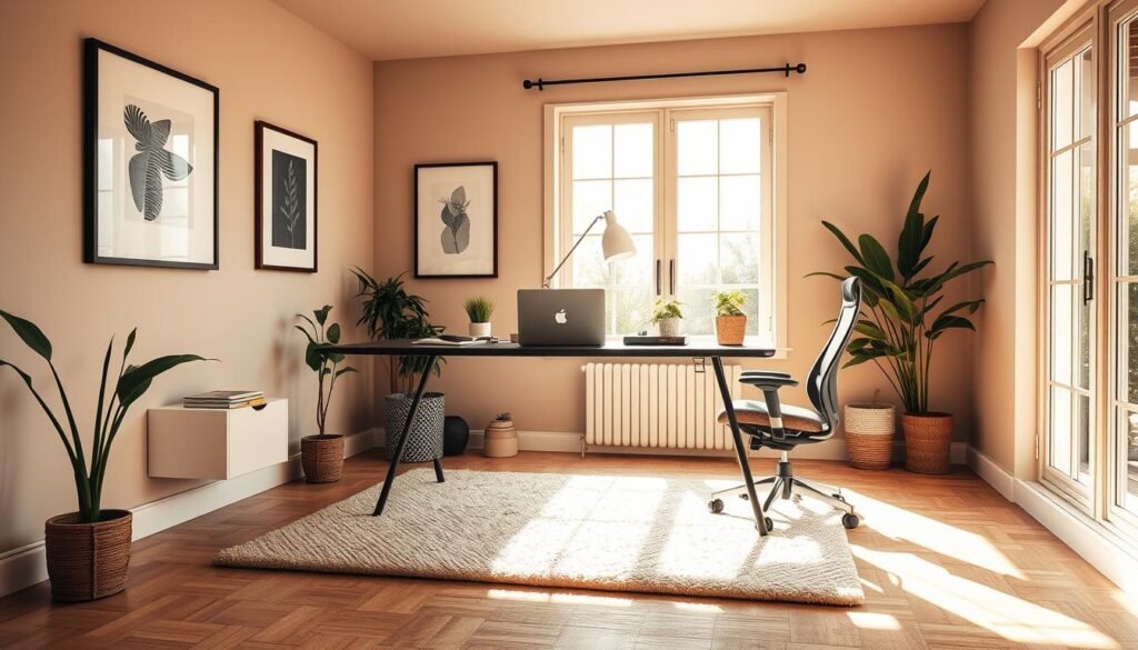 A cozy, minimalist home office with warm natural lighting filtering through large windows. A sleek, clutter-free desk with a modern laptop, a stylish lamp, and a few carefully curated plants. The walls are adorned with simple, framed artwork, creating a serene and focused atmosphere. The floor is covered in a plush, neutral-toned rug, and a comfortable ergonomic chair completes the setup. The overall vibe is one of productivity, calm, and inspiration, free from distractions. A cozy, minimalist home office with warm natural lighting filtering through large windows. A sleek, clutter-free desk with a modern laptop, a stylish lamp, and a few carefully curated plants. The walls are adorned with simple, framed artwork, creating a serene and focused atmosphere. The floor is covered in a plush, neutral-toned rug, and a comfortable ergonomic chair completes the setup. The overall vibe is one of productivity, calm, and inspiration, free from distractions.