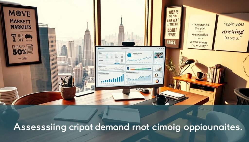 A cozy office setting with a wooden desk and a sleek computer monitor displaying various analytics dashboards and market research tools. On the desk, there are notebooks, pens, and a cup of coffee, creating a productive and focused atmosphere. The room is bathed in warm, natural light, with large windows overlooking a bustling city skyline. The walls are adorned with inspirational wall art and motivational quotes, further emphasizing the importance of understanding market demand. The overall scene conveys a sense of thoughtful analysis and strategic decision-making, perfect for illustrating the "Assessing Market Demand and Trending Opportunities" section of the article.