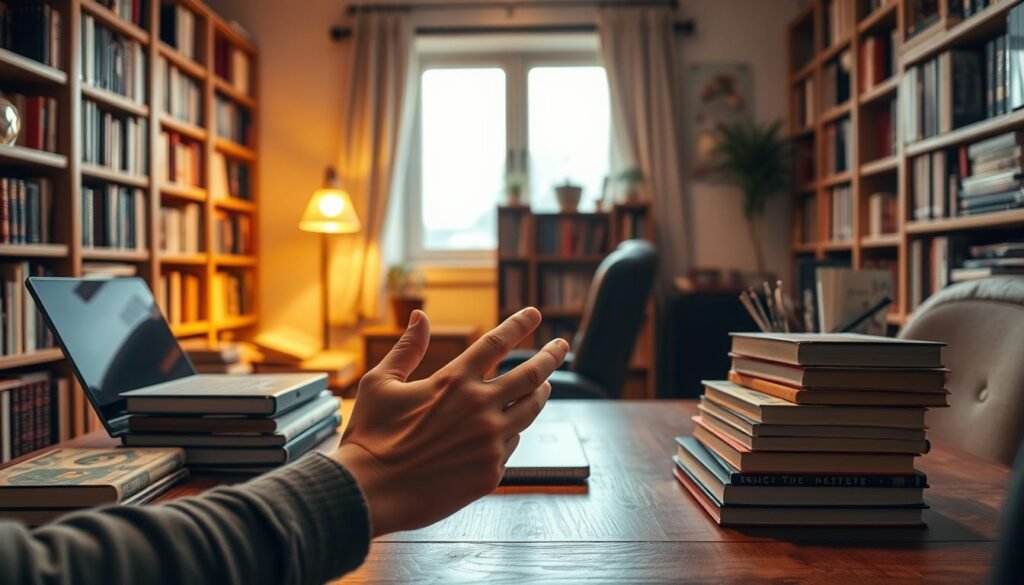 A cozy, well-lit home office with a wooden desk, a laptop, and a stack of e-books. Warm lighting casts a soft glow, setting a contemplative mood. In the foreground, a person's hands are engaged with a tablet, gesturing as if in deep discussion. Bookshelves line the walls, hinting at the wealth of knowledge and stories waiting to be shared. The scene conveys a sense of focus, inspiration, and the joy of connecting with readers through the power of digital publishing. A cozy, well-lit home office with a wooden desk, a laptop, and a stack of e-books. Warm lighting casts a soft glow, setting a contemplative mood. In the foreground, a person's hands are engaged with a tablet, gesturing as if in deep discussion. Bookshelves line the walls, hinting at the wealth of knowledge and stories waiting to be shared. The scene conveys a sense of focus, inspiration, and the joy of connecting with readers through the power of digital publishing.