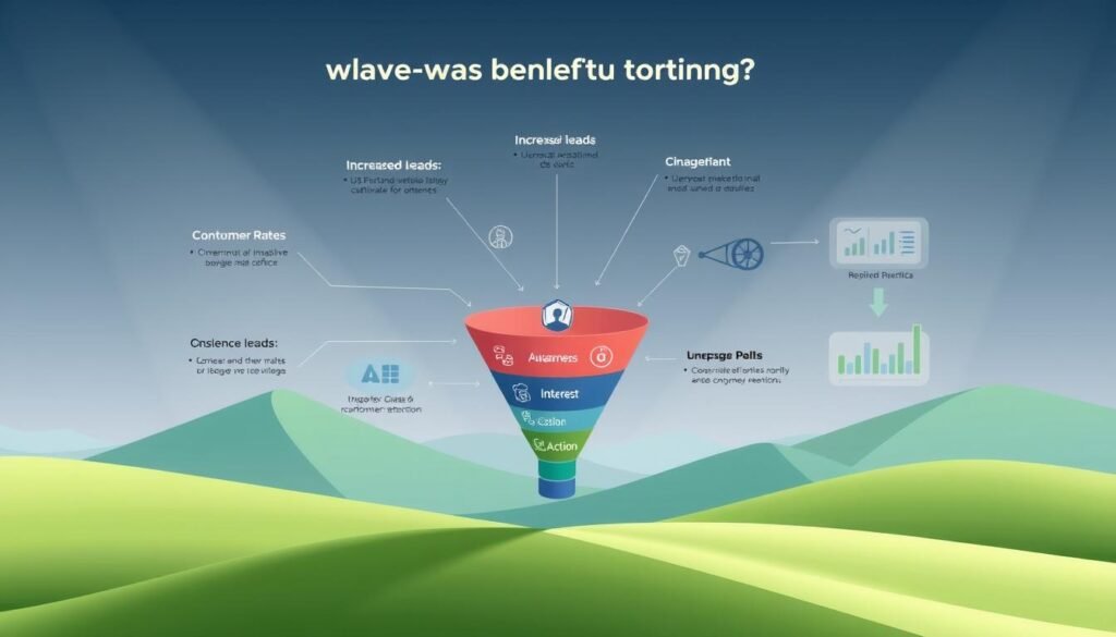 A detailed illustration of the benefits of a well-crafted sales funnel. In the foreground, a stylized funnel shape represents the customer journey, with various stages like awareness, interest, decision, and action depicted through intuitive icons and visual metaphors. The middle ground showcases positive outcomes such as increased leads, higher conversion rates, and improved customer retention, visualized through data visualizations, graphs, and infographic-style elements. The background features a minimalist, geometric landscape with subtle gradients and clean lines, creating a modern, professional atmosphere. Soft lighting from multiple angles highlights the key details, drawing the viewer's attention to the tangible advantages of an effective sales funnel. A detailed illustration of the benefits of a well-crafted sales funnel. In the foreground, a stylized funnel shape represents the customer journey, with various stages like awareness, interest, decision, and action depicted through intuitive icons and visual metaphors. The middle ground showcases positive outcomes such as increased leads, higher conversion rates, and improved customer retention, visualized through data visualizations, graphs, and infographic-style elements. The background features a minimalist, geometric landscape with subtle gradients and clean lines, creating a modern, professional atmosphere. Soft lighting from multiple angles highlights the key details, drawing the viewer's attention to the tangible advantages of an effective sales funnel.