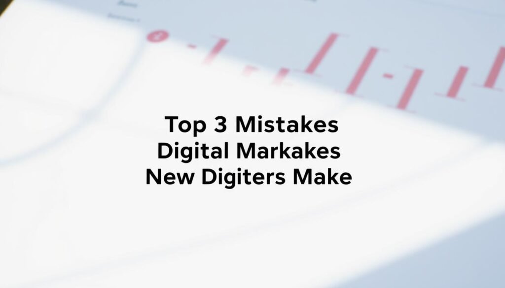 A detailed infographic showcasing the "Top 3 Mistakes New Digital Marketers Make (And How to Fix Them)". In the foreground, a clean white background displays a simple, minimalist title text. In the middle ground, three distinct icons or illustrations representing the three key mistakes, rendered in a vibrant, modern color palette. The background features a subtle, out-of-focus grid or graph pattern, hinting at the analytical, data-driven nature of digital marketing. Soft, directional lighting casts gentle shadows, adding depth and dimensionality to the overall composition. The overall tone is professional, informative, and visually striking, capturing the essence of the article's subject matter.
