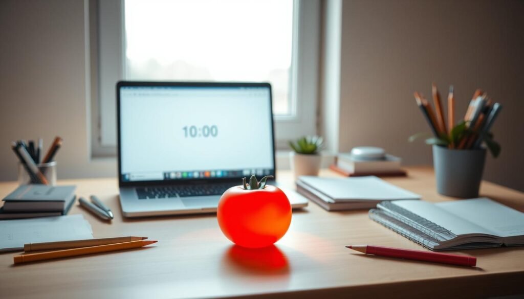 A focused study session with the iconic Pomodoro Technique. In the foreground, a tomato-shaped timer sits on a clean, wooden desk, casting a warm, orange glow. Surrounding it, an assortment of stationery and a potted plant create a minimalist, productivity-focused ambiance. In the middle ground, a laptop displays a timer interface, the screen reflecting the desk's natural light. The background features a window with soft, diffused natural lighting, highlighting the serene, distraction-free workspace. The overall scene conveys a sense of calm focus, encouraging the viewer to immerse themselves in the effective time management method.
