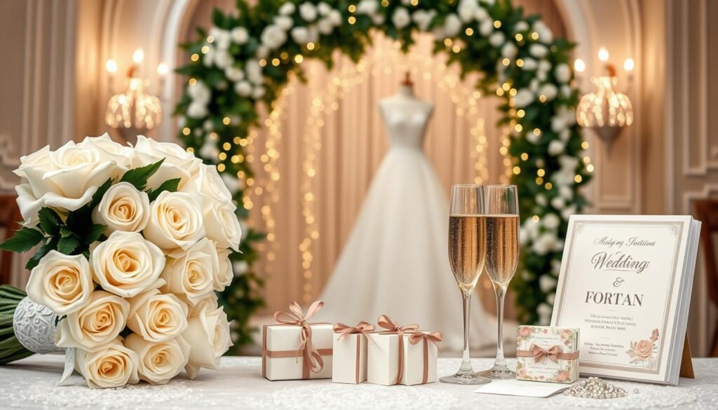 A luxurious wedding scene with an elegant display of various PLR products. In the foreground, a bouquet of white roses, a wedding invitation suite, and a set of personalized wedding favors. In the middle ground, a vintage-inspired wedding dress and a pair of sparkling champagne flutes. In the background, a beautifully decorated wedding arch with cascading vines and twinkling fairy lights, set against a soft, romantic lighting. The overall mood is one of timeless elegance and high-end sophistication, reflecting the value and potential of these top-selling wedding PLR products.