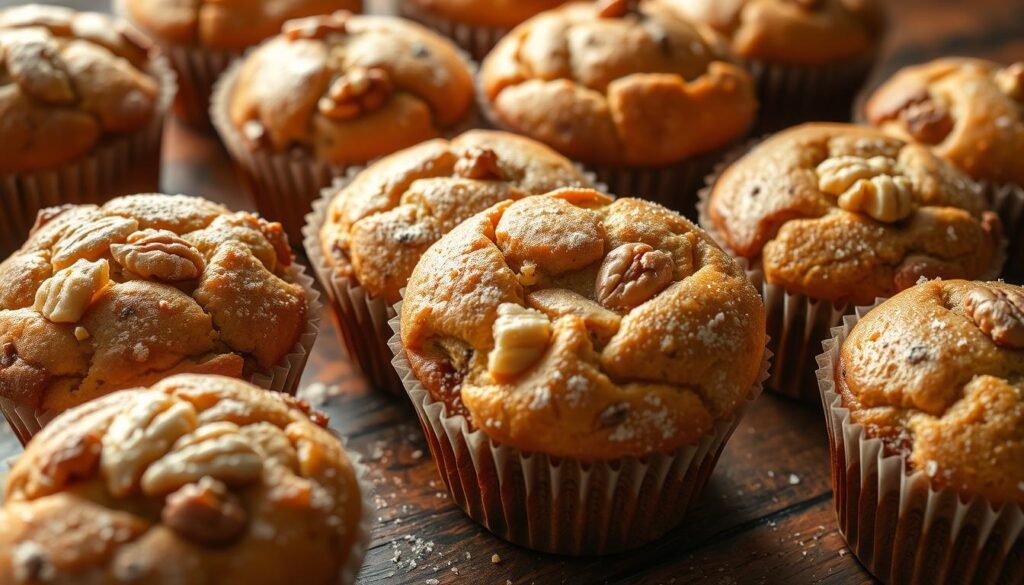 A mouthwatering arrangement of freshly baked banana muffins, their golden tops glistening under warm, soft lighting. The muffins sit atop a rustic wooden surface, their rich, moist interiors visible through the paper liners. Flecks of banana and crunchy walnuts add visual interest, while the aroma of cinnamon and vanilla permeates the scene. A delicate sprinkling of powdered sugar adds the final touch of sweetness. The image conveys a sense of homemade comfort and effortless indulgence, perfectly capturing the essence of the "Effortless Muffins and Quick Breads" section. A mouthwatering arrangement of freshly baked banana muffins, their golden tops glistening under warm, soft lighting. The muffins sit atop a rustic wooden surface, their rich, moist interiors visible through the paper liners. Flecks of banana and crunchy walnuts add visual interest, while the aroma of cinnamon and vanilla permeates the scene. A delicate sprinkling of powdered sugar adds the final touch of sweetness. The image conveys a sense of homemade comfort and effortless indulgence, perfectly capturing the essence of the "Effortless Muffins and Quick Breads" section.