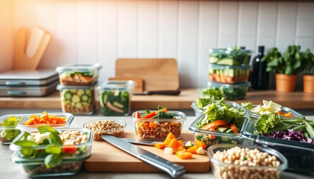 A neatly organized kitchen counter showcases an array of meal prep containers filled with fresh, vibrant ingredients. The lighting is natural and soft, casting a warm glow across the scene. In the foreground, various chopped vegetables, grains, and lean proteins are arranged in a visually appealing manner, hinting at the delicious and nutritious meals to come. The middle ground features a cutting board with a sharp knife, suggesting the process of meal preparation. In the background, a clean, minimalist backdrop emphasizes the focus on the food. The overall atmosphere exudes a sense of efficiency, healthfulness, and culinary inspiration, perfectly capturing the "Meal Prep Ideas for the Week" theme.