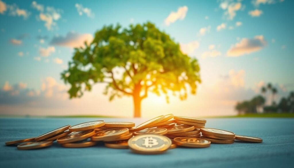 A serene and tranquil setting, illuminated by soft, warm lighting. In the foreground, a collection of gold coins, representing compound interest, are neatly arranged, their sheen capturing the gentle radiance. In the middle ground, a flourishing tree with lush, verdant leaves symbolizes the growth of dividend investments, its branches reaching skyward. The background features a serene, cloud-dotted blue sky, conveying a sense of stability and long-term prosperity. The overall composition evokes a harmonious balance between the power of compounding and the steady returns of dividend-paying investments, creating a visually appealing representation of building wealth through smart financial decisions.