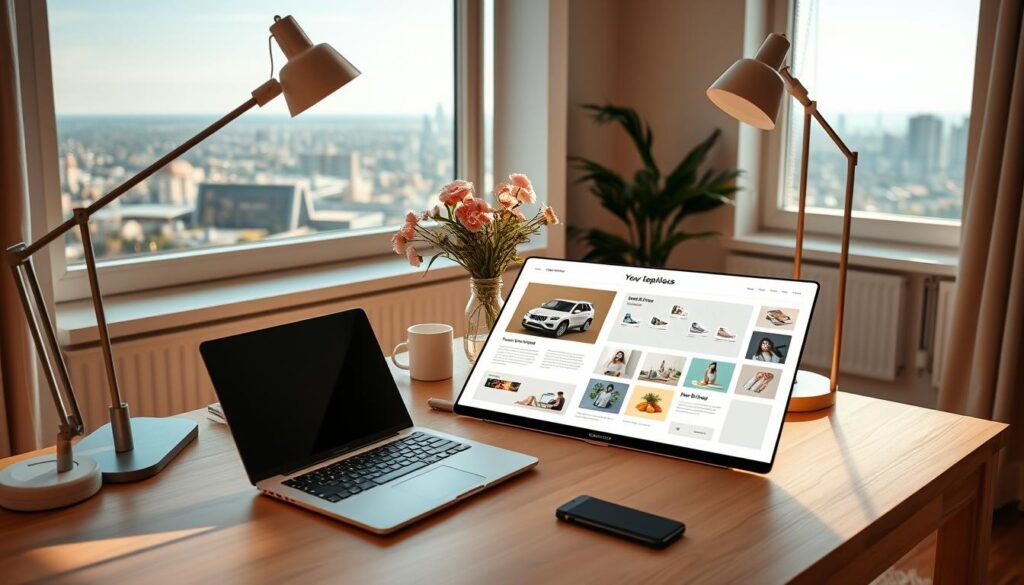 A serene home office with a neatly organized desk, featuring a sleek laptop, a stylish lamp, and a vase of fresh flowers. On the desk, an open Canva template design showcases various customizable elements, inviting the viewer to explore the potential for passive income through template sales. The room is bathed in warm, natural lighting, conveying a sense of productivity and creative inspiration. In the background, a large window overlooks a tranquil cityscape, hinting at the flexibility and freedom that can come from a successful Canva design business.