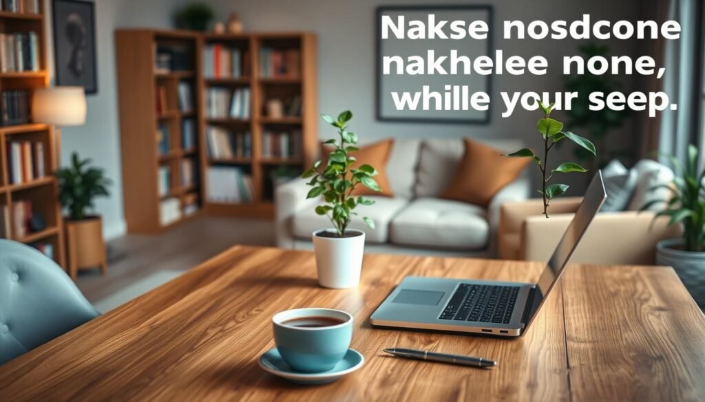 A serene home office with a wooden desk, a laptop, and a money plant in a pot. The background features a cozy living room with bookshelves, a comfortable armchair, and soft indirect lighting, conveying a sense of relaxation and financial security. The desk is neatly organized, with a cup of coffee, a notebook, and a pen, suggesting a productive and efficient work environment. The overall scene communicates the idea of passive income strategies that can help you "make money while you sleep".