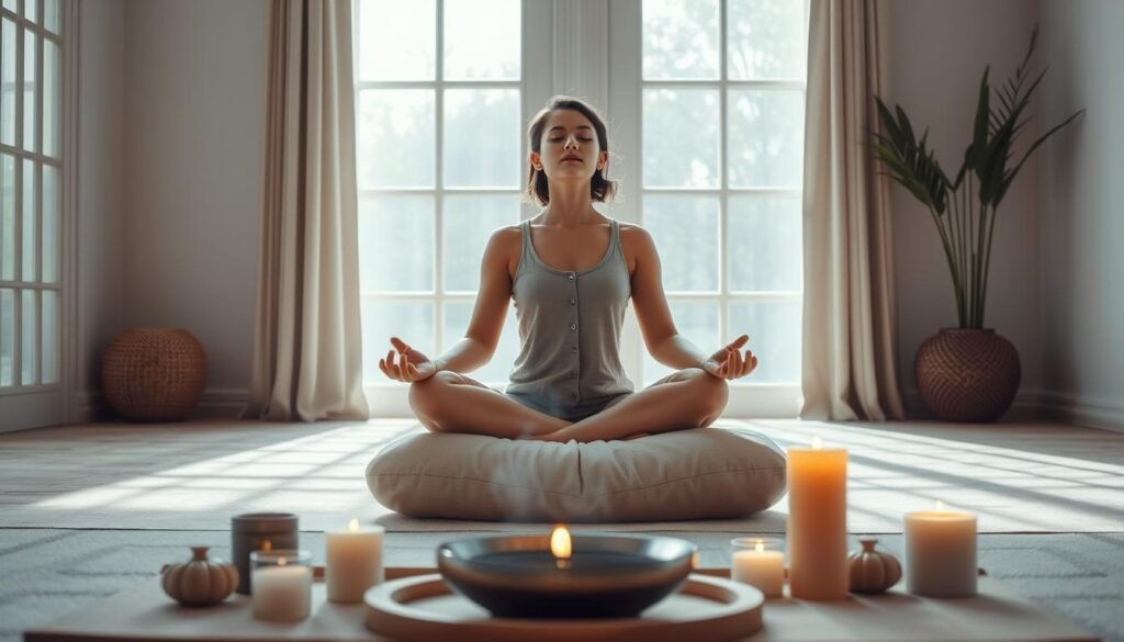 A serene indoor setting with soft natural lighting streaming through large windows, illuminating a person seated on a plush cushion in a lotus position, eyes closed and hands resting gently on their lap, exuding a sense of tranquility and self-reflection. In the foreground, an arrangement of soothing elements like candles, incense, and a small bowl of water, creating a calming ambiance. The background is a minimalist, soothing color palette, allowing the focus to remain on the person's introspective pose and the practice of self-compassion.