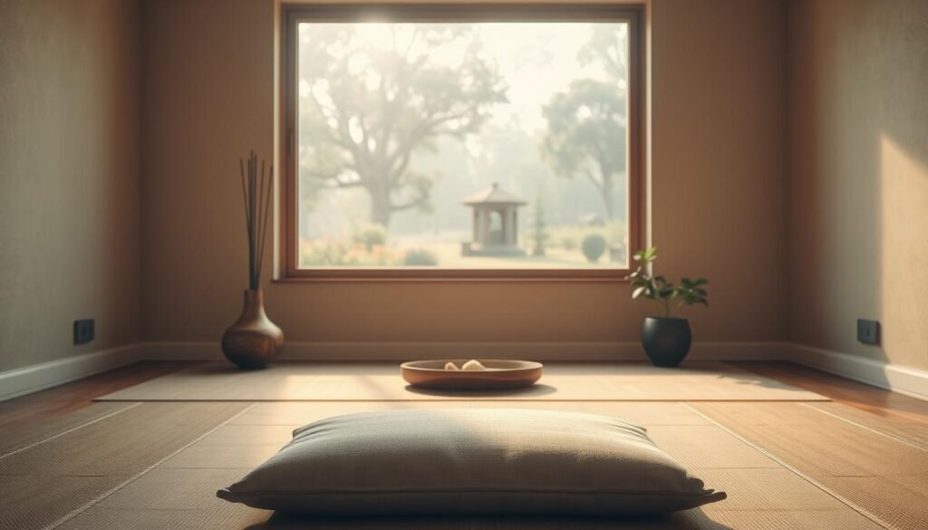 A serene meditation space with a cushioned mat in the foreground, surrounded by minimalist decor elements like a wooden incense holder and a small Zen garden. The middle ground features a large window overlooking a peaceful garden landscape, bathed in warm, diffused natural light. The background has subtle, calming wall textures and earthy tones that enhance the tranquil atmosphere. The overall composition conveys a sense of mindfulness, balance, and inner calm - perfect for a quick, restorative meditation session. A serene meditation space with a cushioned mat in the foreground, surrounded by minimalist decor elements like a wooden incense holder and a small Zen garden. The middle ground features a large window overlooking a peaceful garden landscape, bathed in warm, diffused natural light. The background has subtle, calming wall textures and earthy tones that enhance the tranquil atmosphere. The overall composition conveys a sense of mindfulness, balance, and inner calm - perfect for a quick, restorative meditation session.