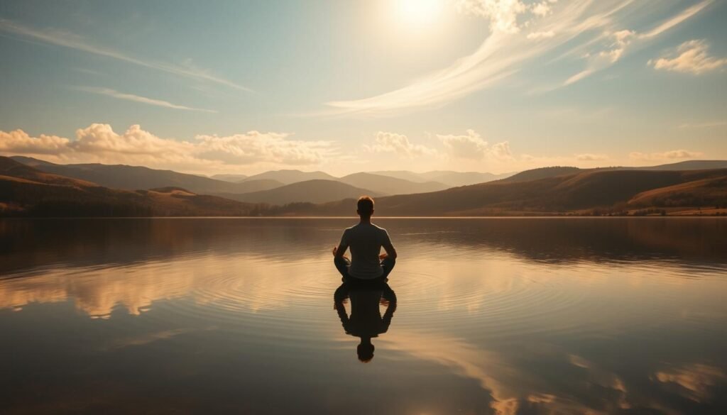 A serene, sun-dappled landscape unfolds, with rolling hills in the distance and a tranquil lake in the foreground. In the center, a solitary figure sits meditating, their silhouette reflecting in the still waters. Warm, golden light filters through wispy clouds, casting a contemplative glow over the scene. The composition is balanced, with the figure as the focal point, surrounded by the natural world in harmony. This image evokes a sense of inner peace, understanding, and the power of finding motivation within oneself.